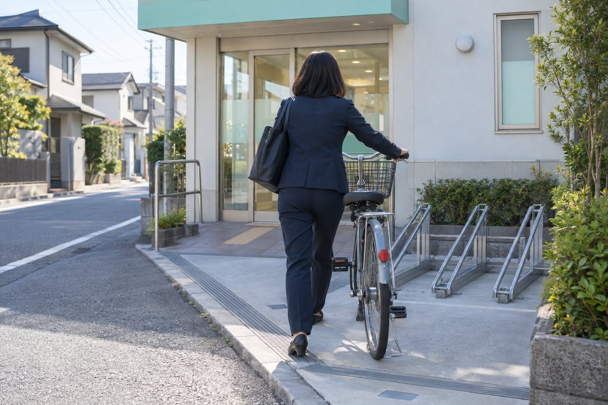 住宅街の調剤薬局へ自転車で通勤する人