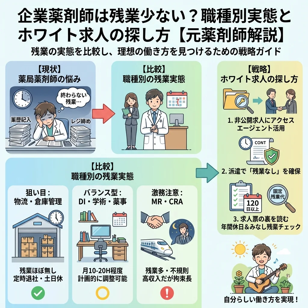 残業に悩む薬剤師向けに、調剤薬局と企業薬剤師の働き方を比較したインフォグラフィック。職場や職種別の残業時間・年収の違いをチャートで解説し、残業が少ないホワイトな転職先を見つけるためのポイントを示します。