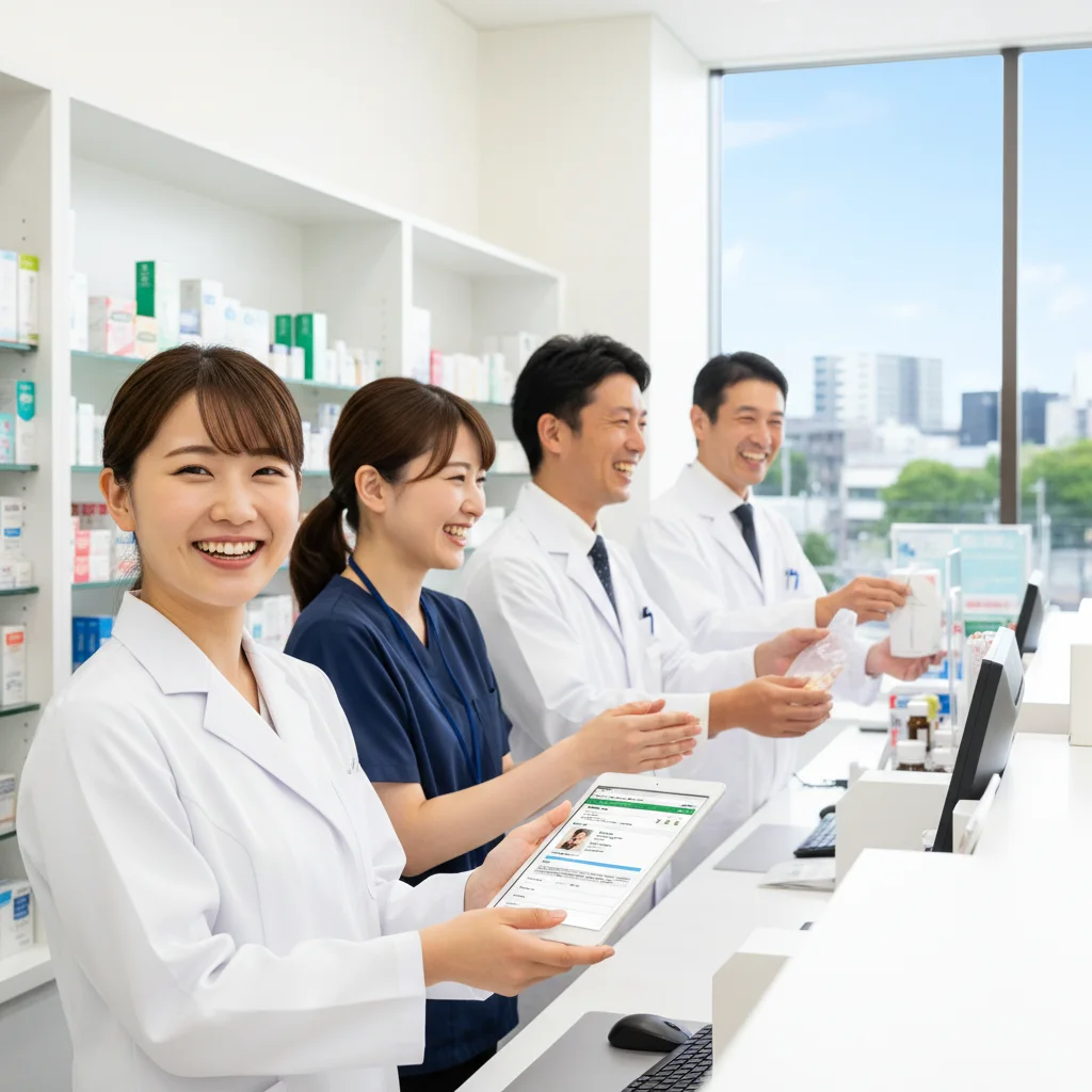 企業の薬剤師チームが笑顔で協力し合う様子。一人で業務を抱える働き方に悩む薬剤師が、チーム制の企業へ転職するメリットを表現したイラスト。
