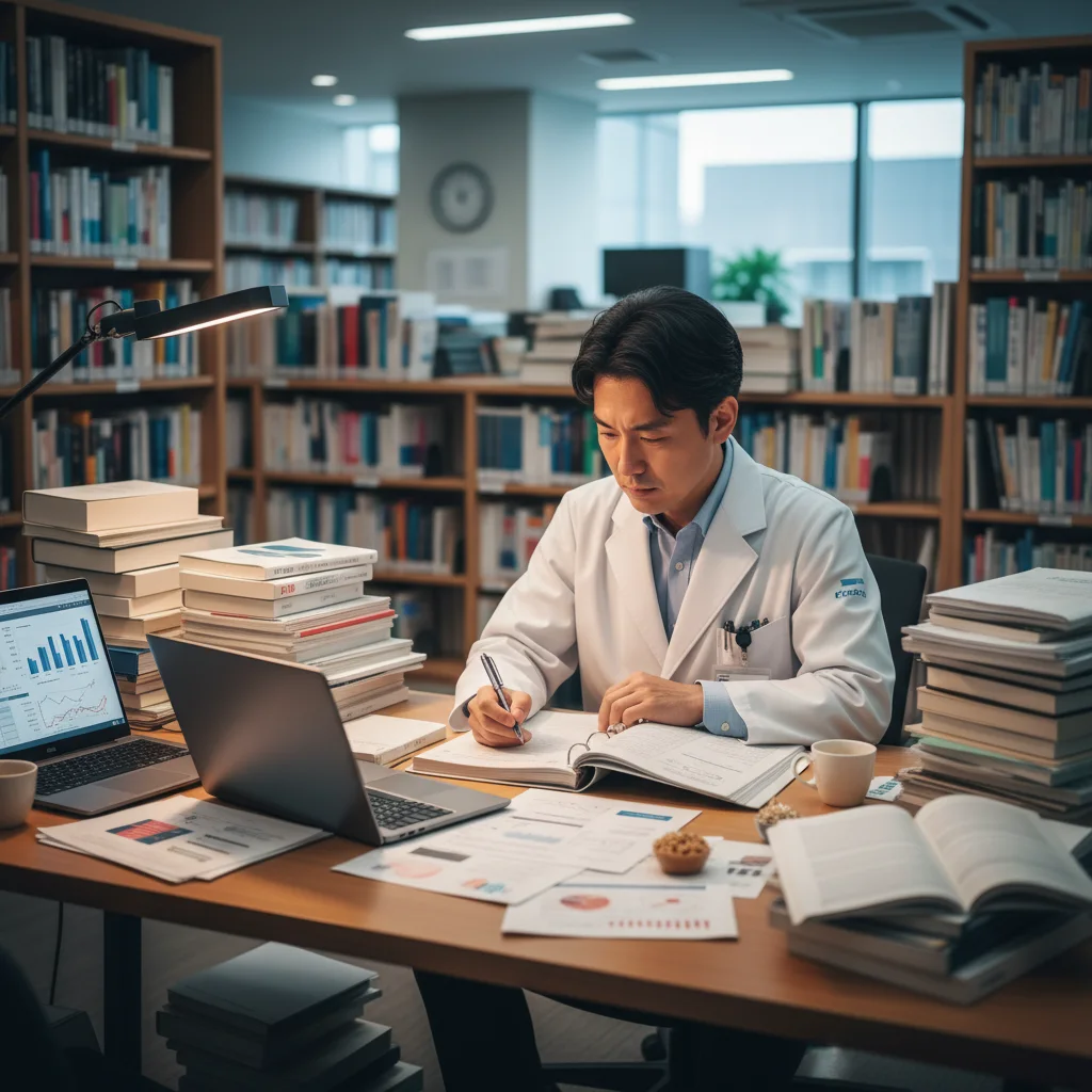 DI職の薬剤師が多くの資料に囲まれて勉強している画像。絶え間ない知識のアップデートが求められる精神的な激務を表現しています。