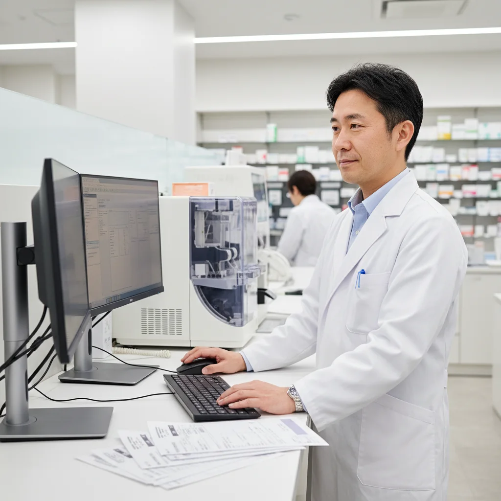 高時給の派遣薬剤師に求められる即戦力を象徴する、調剤室で電子薬歴を操作する薬剤師の姿。研修なしで初日から多様な処方箋や鑑査システムに対応するために必要な、3年以上の調剤経験とスキルを表現しています。