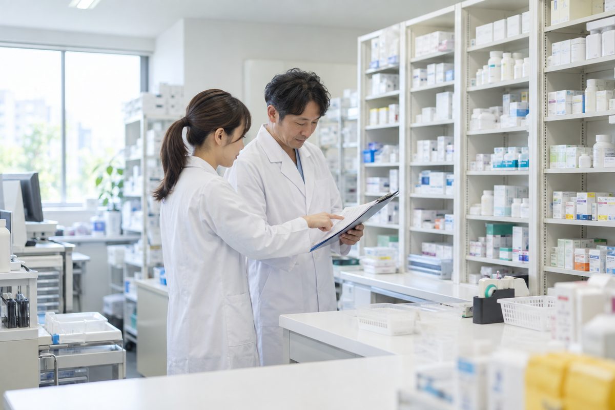 調剤室で白衣の薬剤師2人が書類を見ながら相談している様子