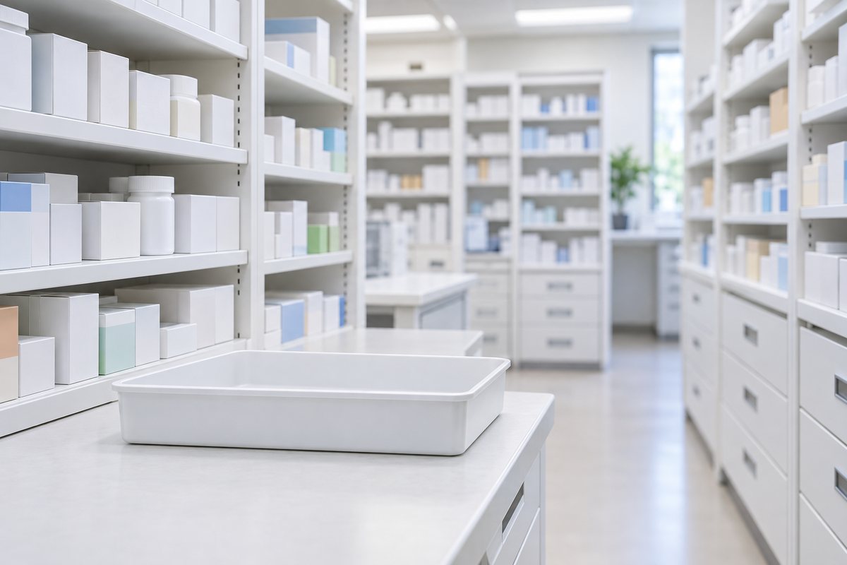 調剤薬局の奥にある白い薬の棚と調剤用のトレー