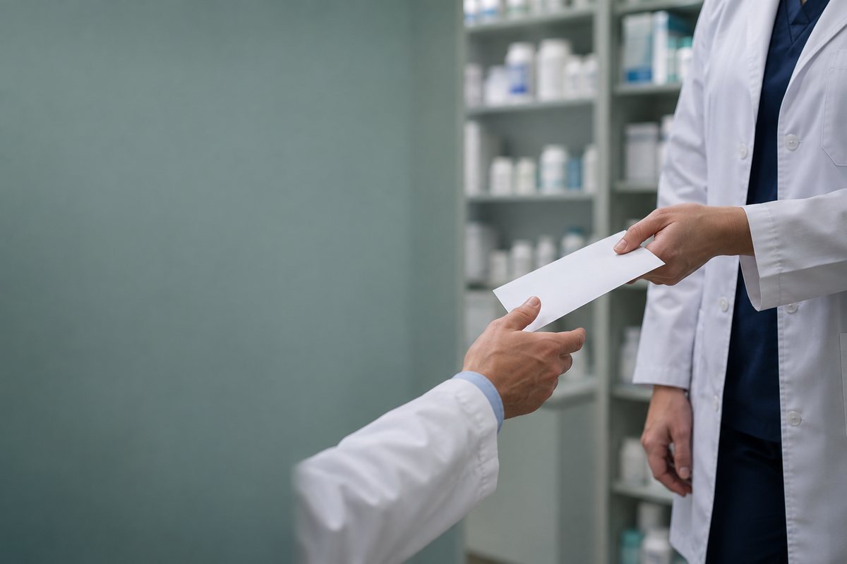 薬局の責任者に封筒を差し出す薬剤師の手元