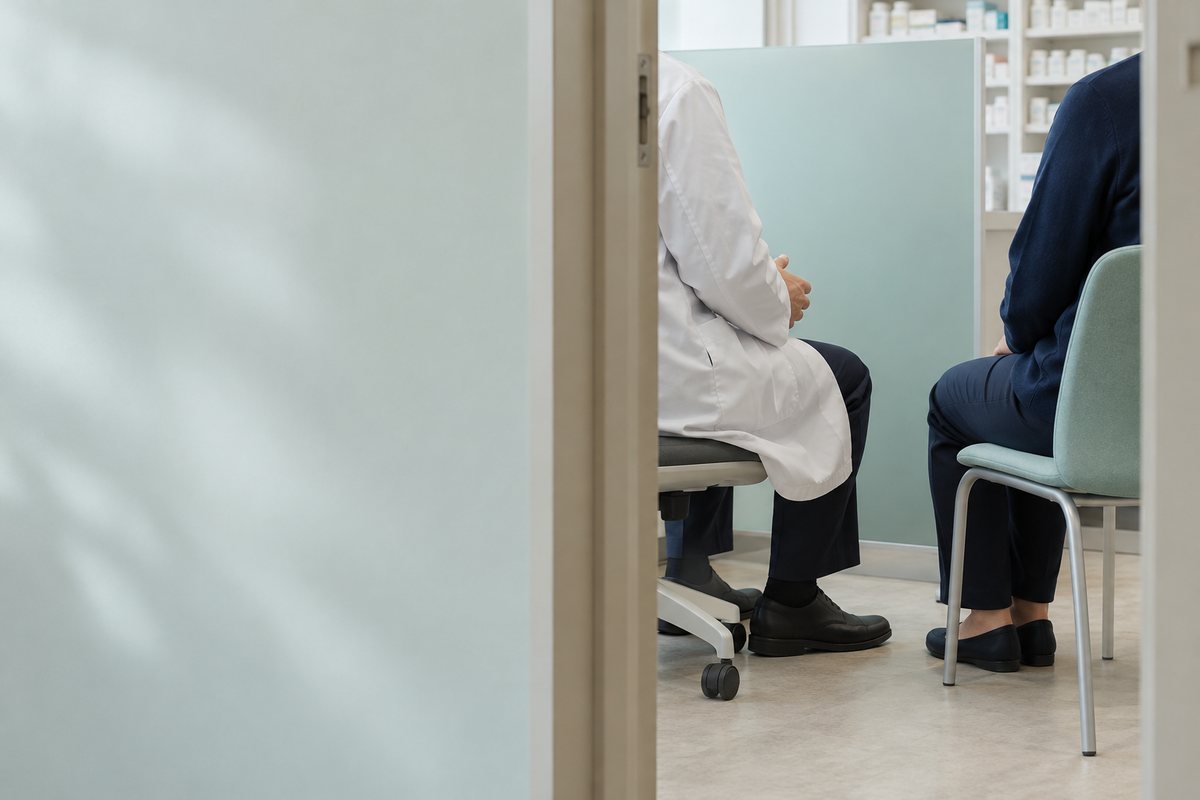 薬局内の個室で相談する薬剤師の後ろ姿