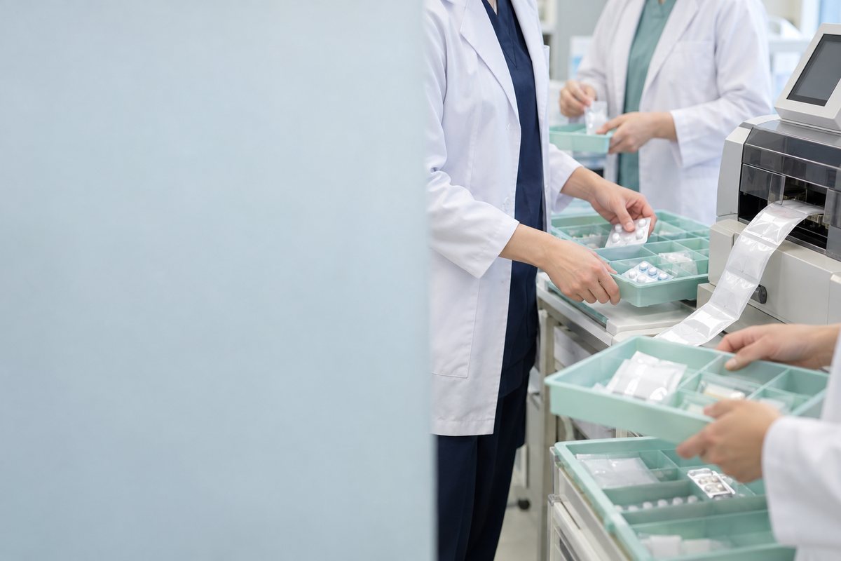 調剤トレーを分担して扱う薬剤師の手元