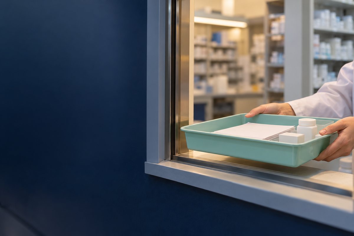 受付から調剤室へトレーを渡す手元