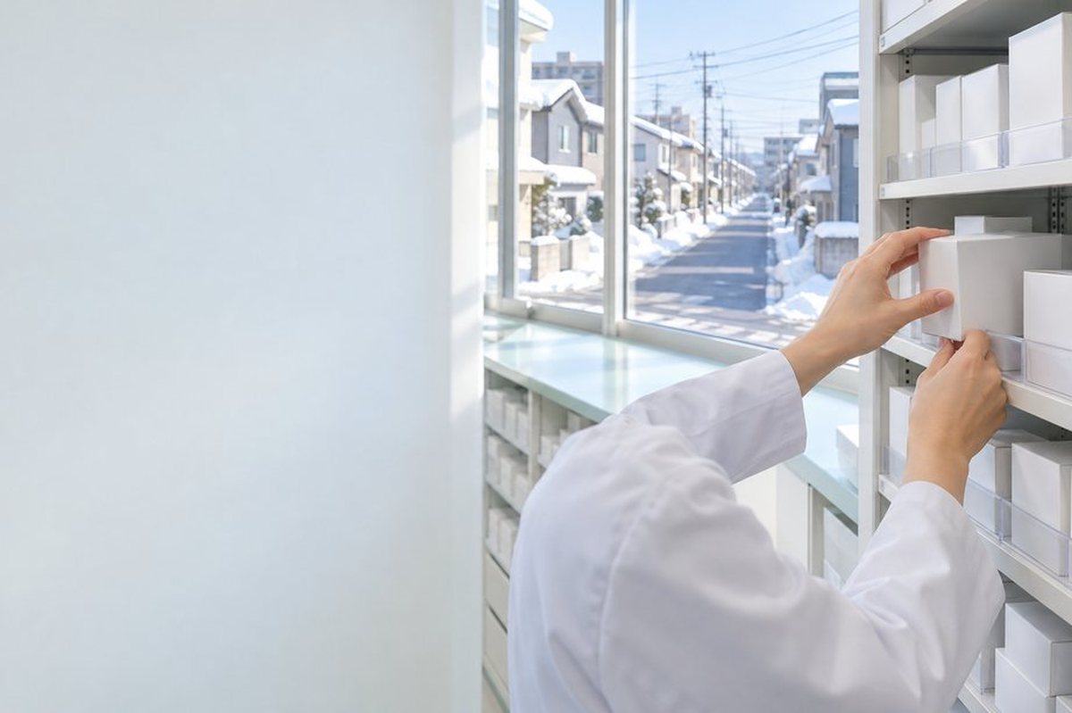 住宅街の調剤薬局で薬箱を取り出す薬剤師の手元