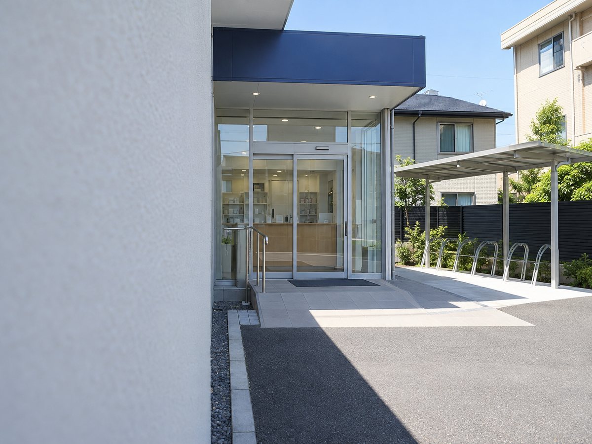 岡山市の街にある、駐車場付きの調剤薬局の外観。地方都市の中心部、商店街のアーケードの入口と行き交う人