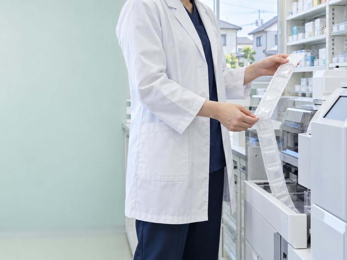 自動分包機の薬包を確かめる薬剤師