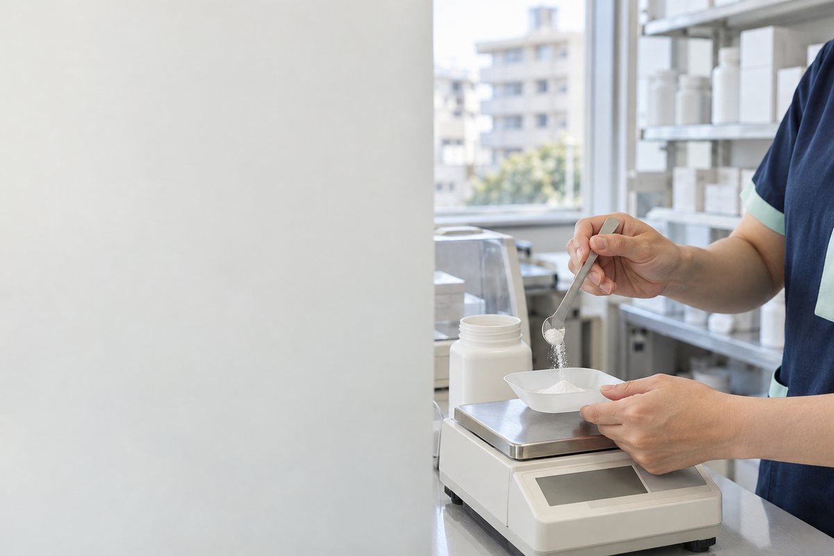 薬さじで散剤を計量皿に移す薬剤師の手元