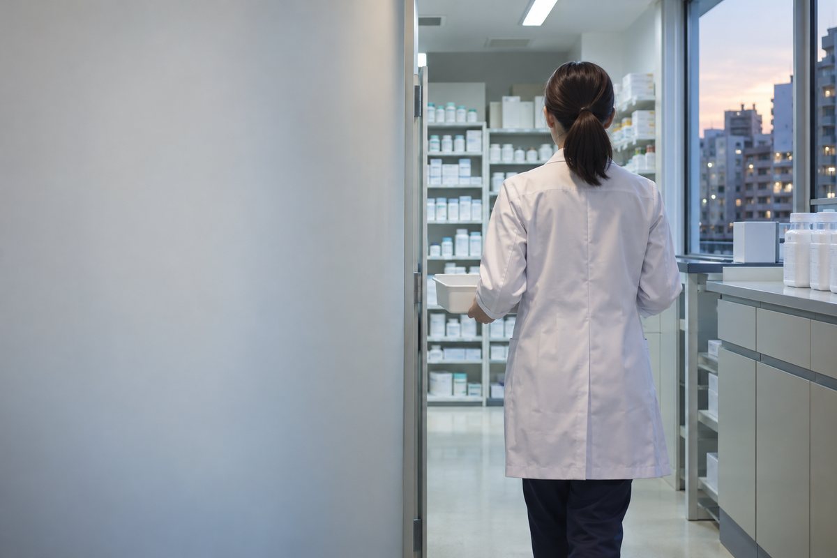 薬のトレーを持って調剤室へ向かう薬剤師