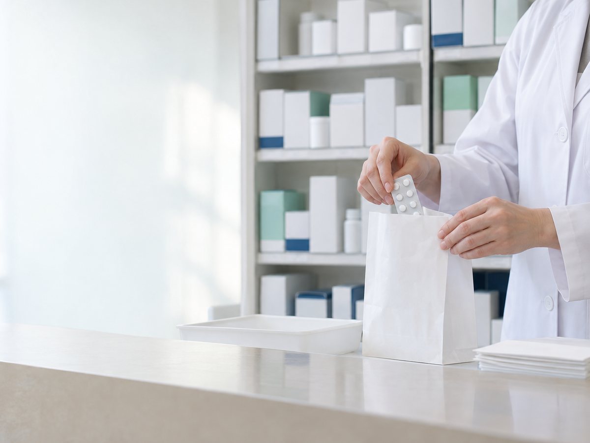 調剤薬局の受付で薬袋を準備する薬剤師の手元