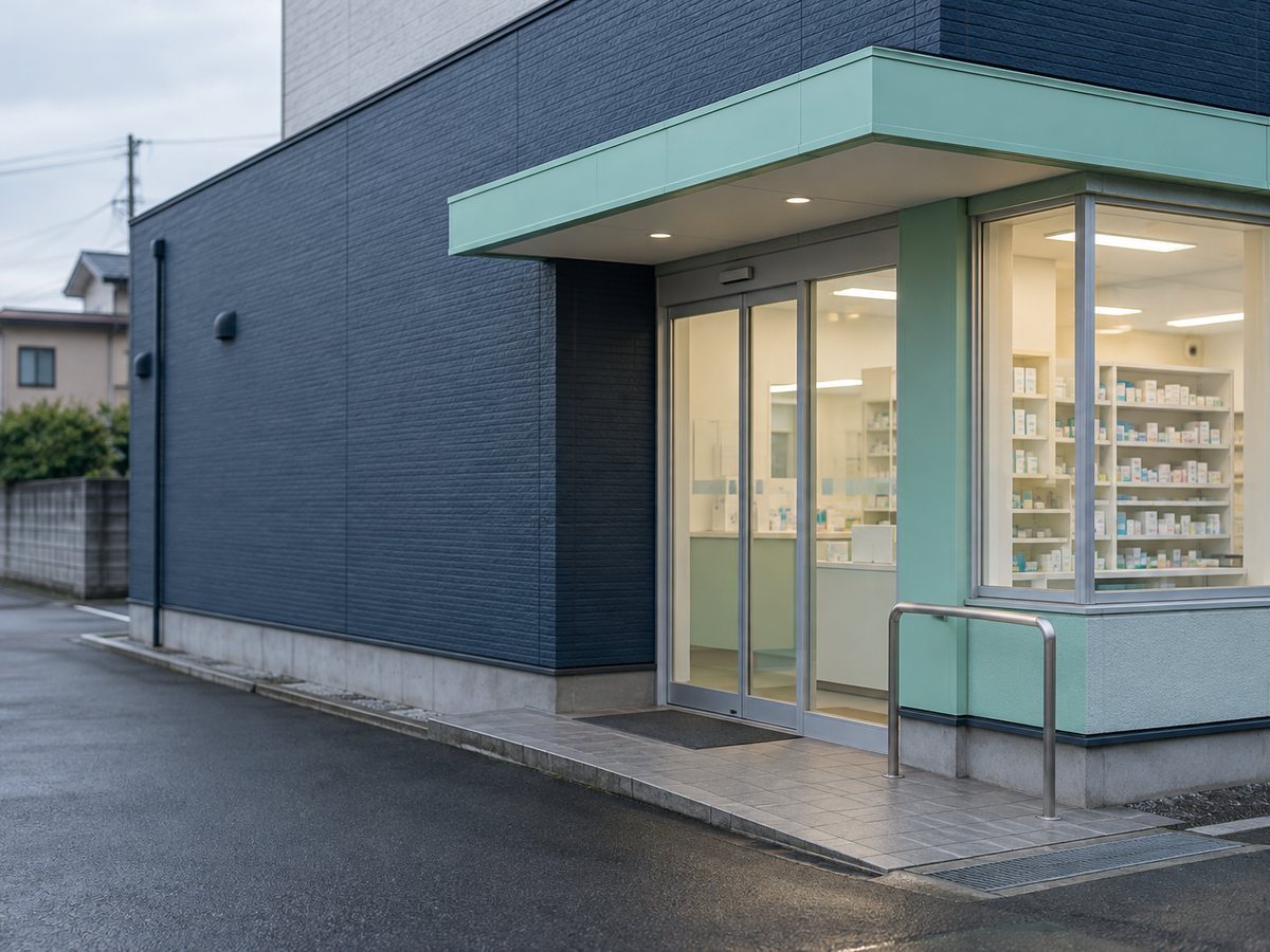 住宅街にある庇付きの調剤薬局入口