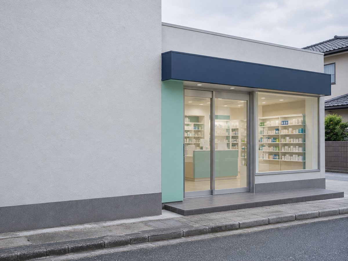 低層住宅地にある小規模な調剤薬局の外観