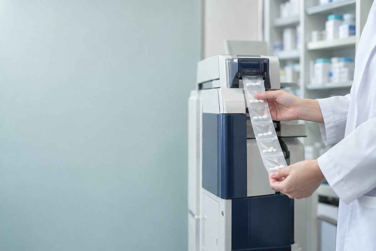 分包機から出る薬包を受け取る薬剤師の手元