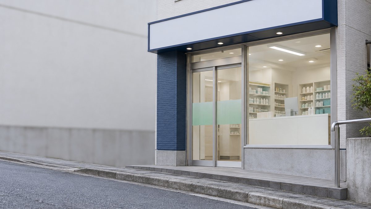 佐世保市の街にある、駐車場付きの調剤薬局の外観。海沿いの街並み