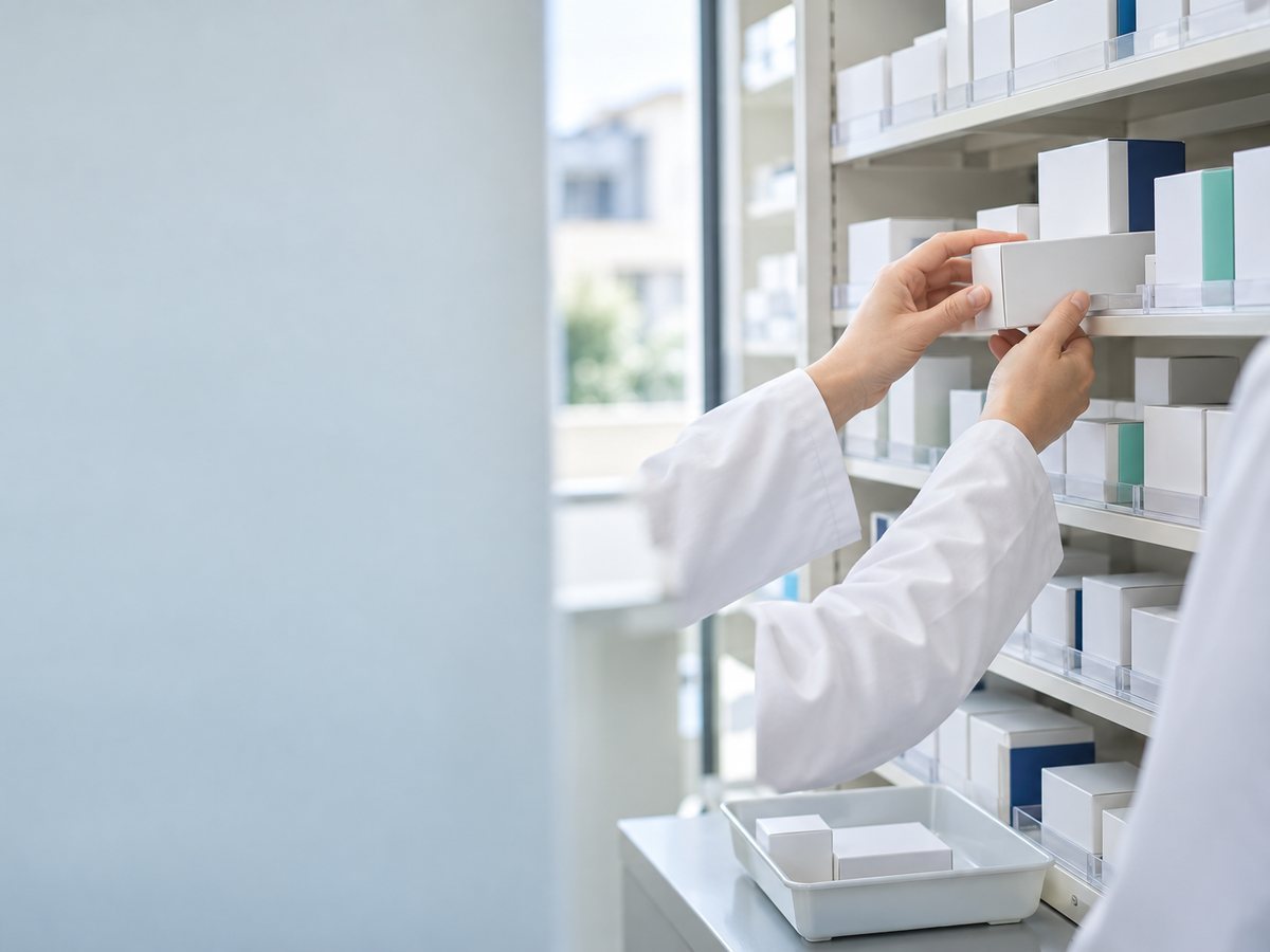 調剤棚から無地の薬箱を取り出す薬剤師