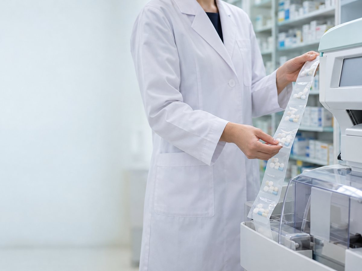 自動分包機から出た薬包を確認する薬剤師の手元