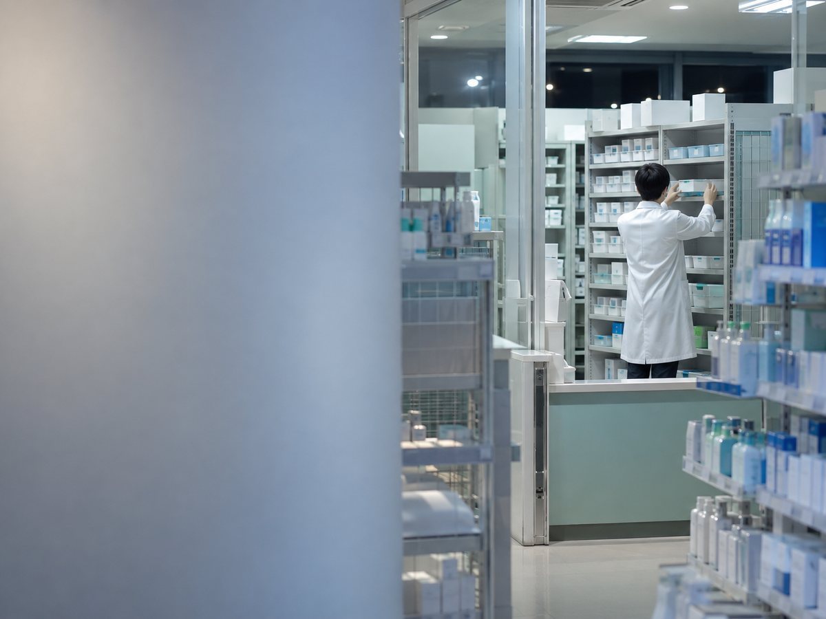 夜の調剤区画で薬品収納トレーを戻す薬剤師