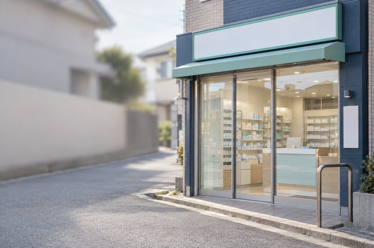 薬局の駐車場に停めた車から降りる薬剤師の後ろ姿。新しい戸建てが並ぶ住宅地と、自転車で行き交う人