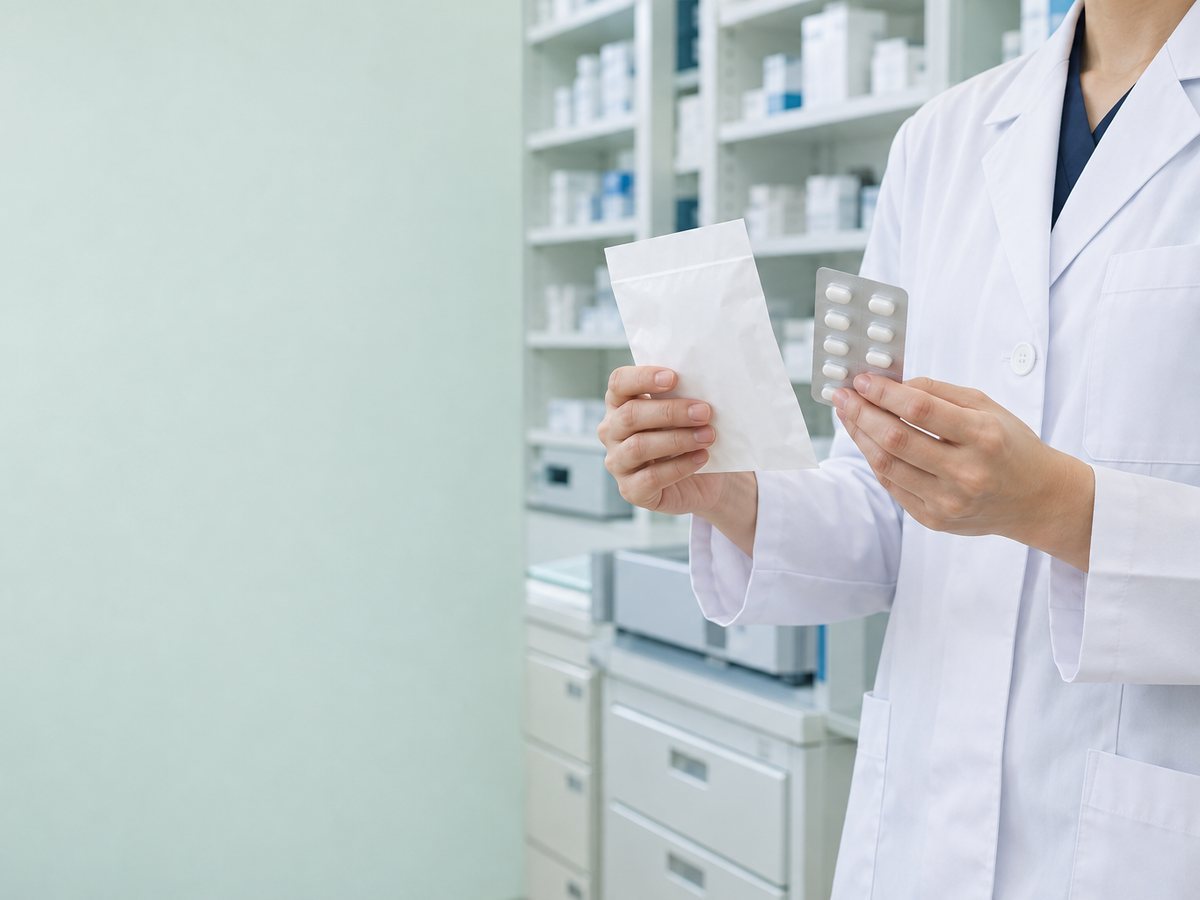 調剤室で薬袋と薬を照合する薬剤師の手元