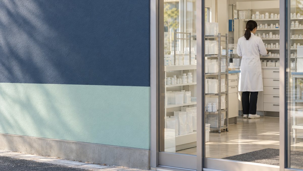 生活道路沿いの調剤薬局で働く薬剤師の後ろ姿