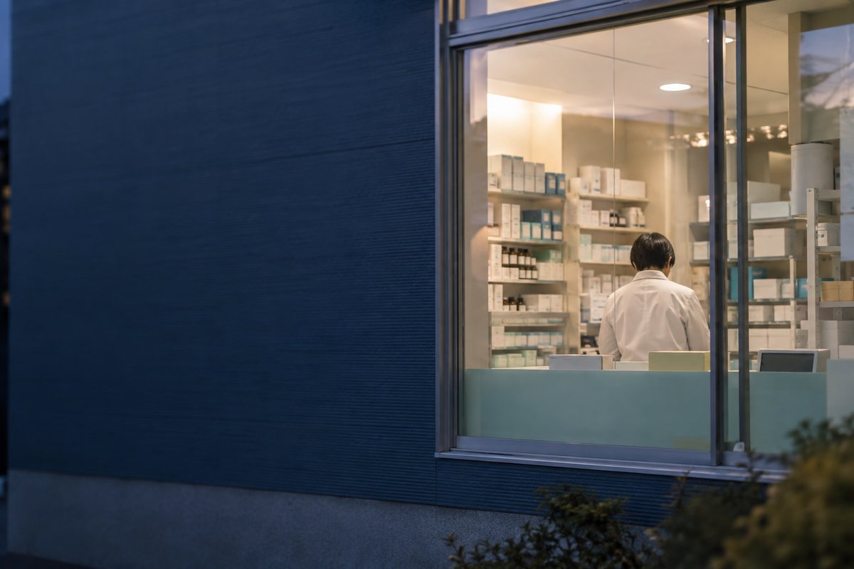 夕暮れの薬局の窓越しに見える薬剤師の後ろ姿