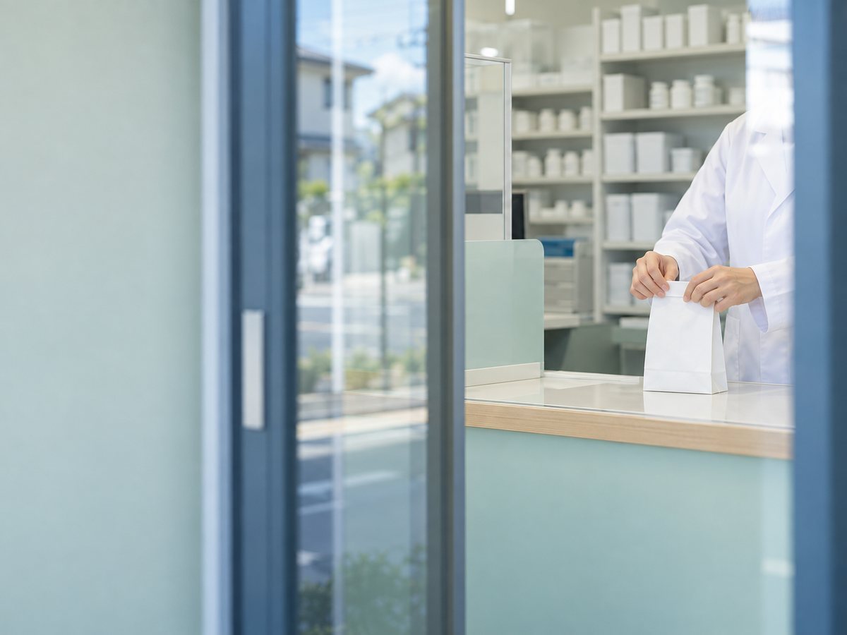 調剤薬局の窓口で薬袋を用意する薬剤師