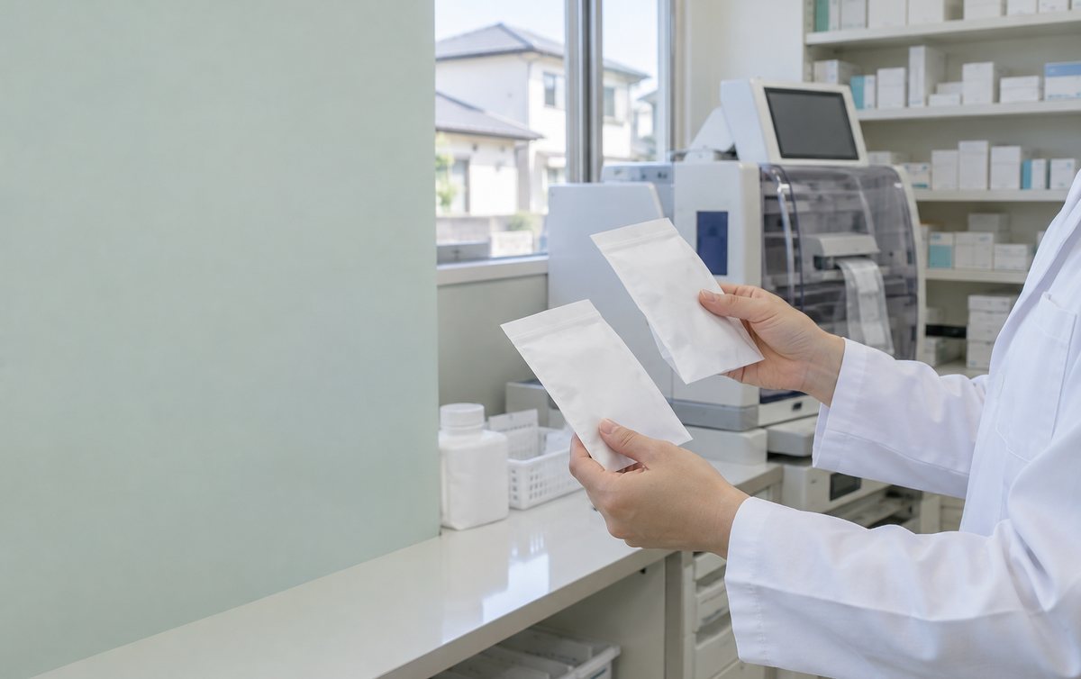 調剤室で薬袋を照合する薬剤師の手元