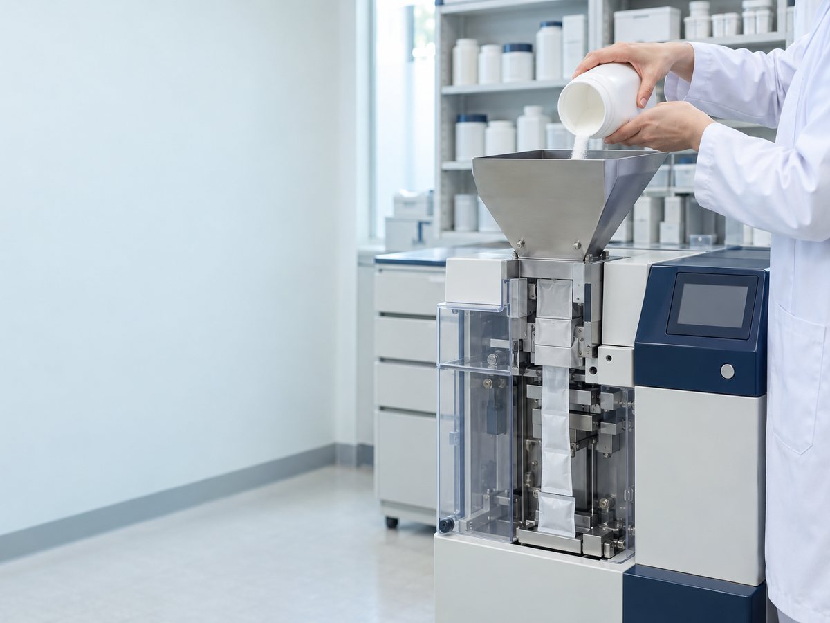 散剤分包機に薬剤を投入する薬剤師の手元