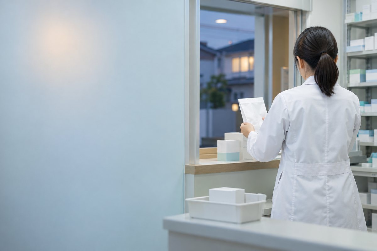 受け渡し口で薬袋を確認する薬剤師の後ろ姿