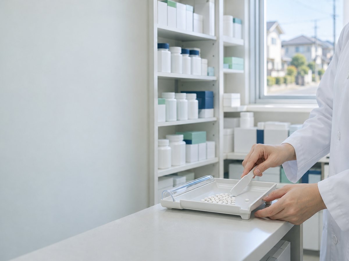 住宅街の薬局で薬を確認する薬剤師の手元