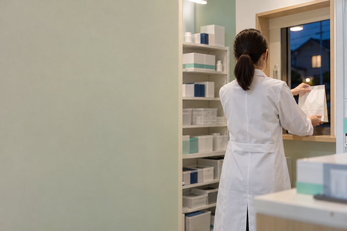 薬袋を受け渡し口へ運ぶ薬剤師の後ろ姿