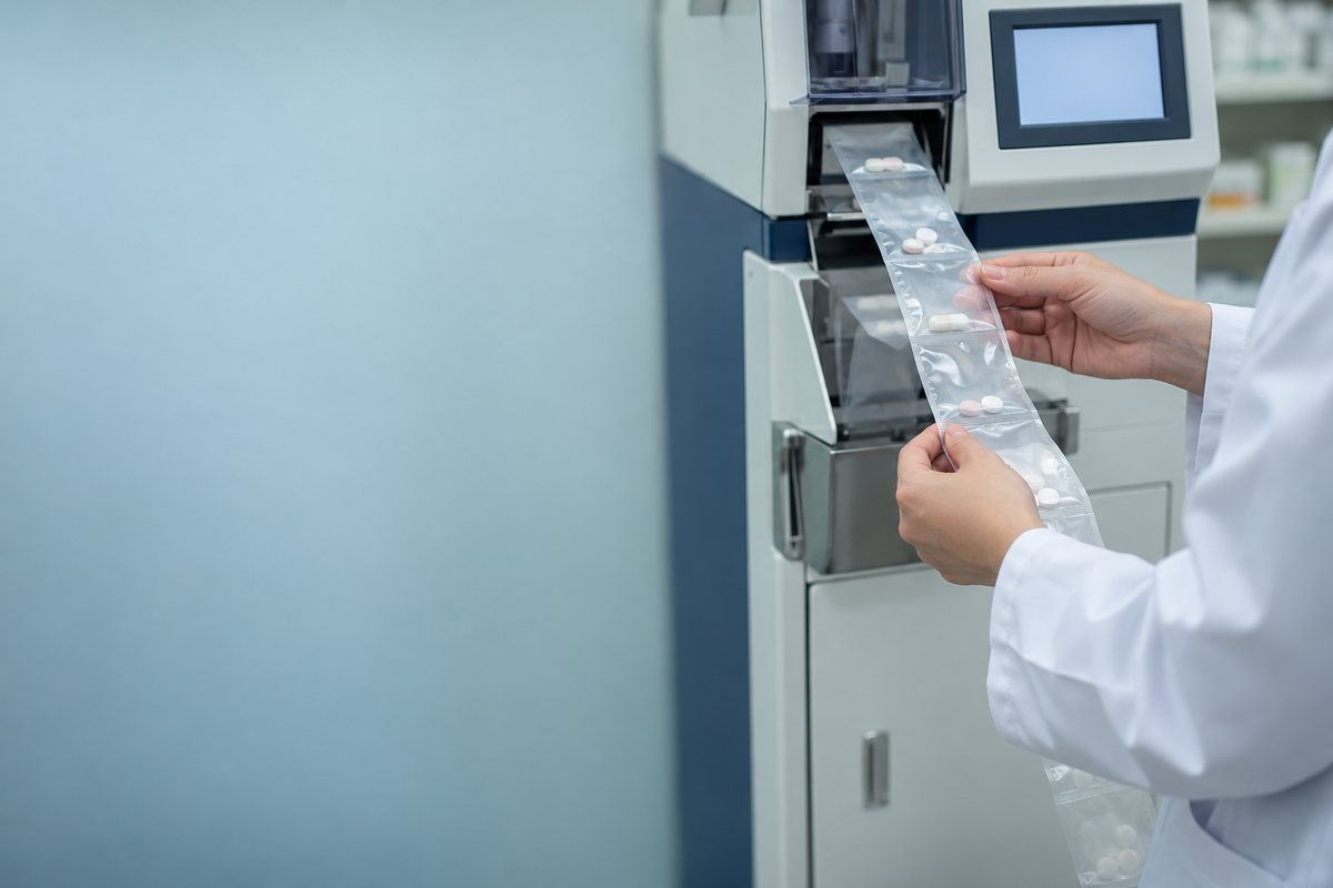 分包機から出た薬の包装を確認する手元