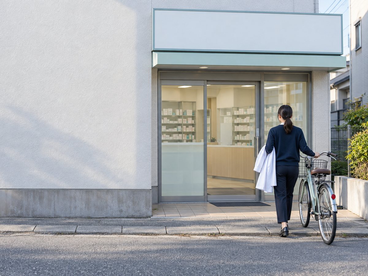 自転車を降りて調剤薬局へ出勤する人物の後ろ姿