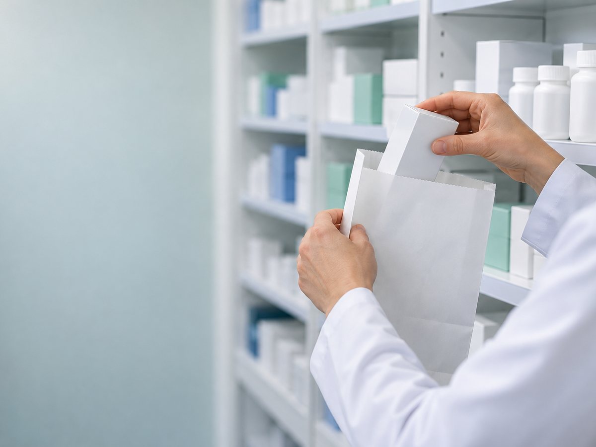 調剤室で薬を無地の薬袋へ収める薬剤師の手元