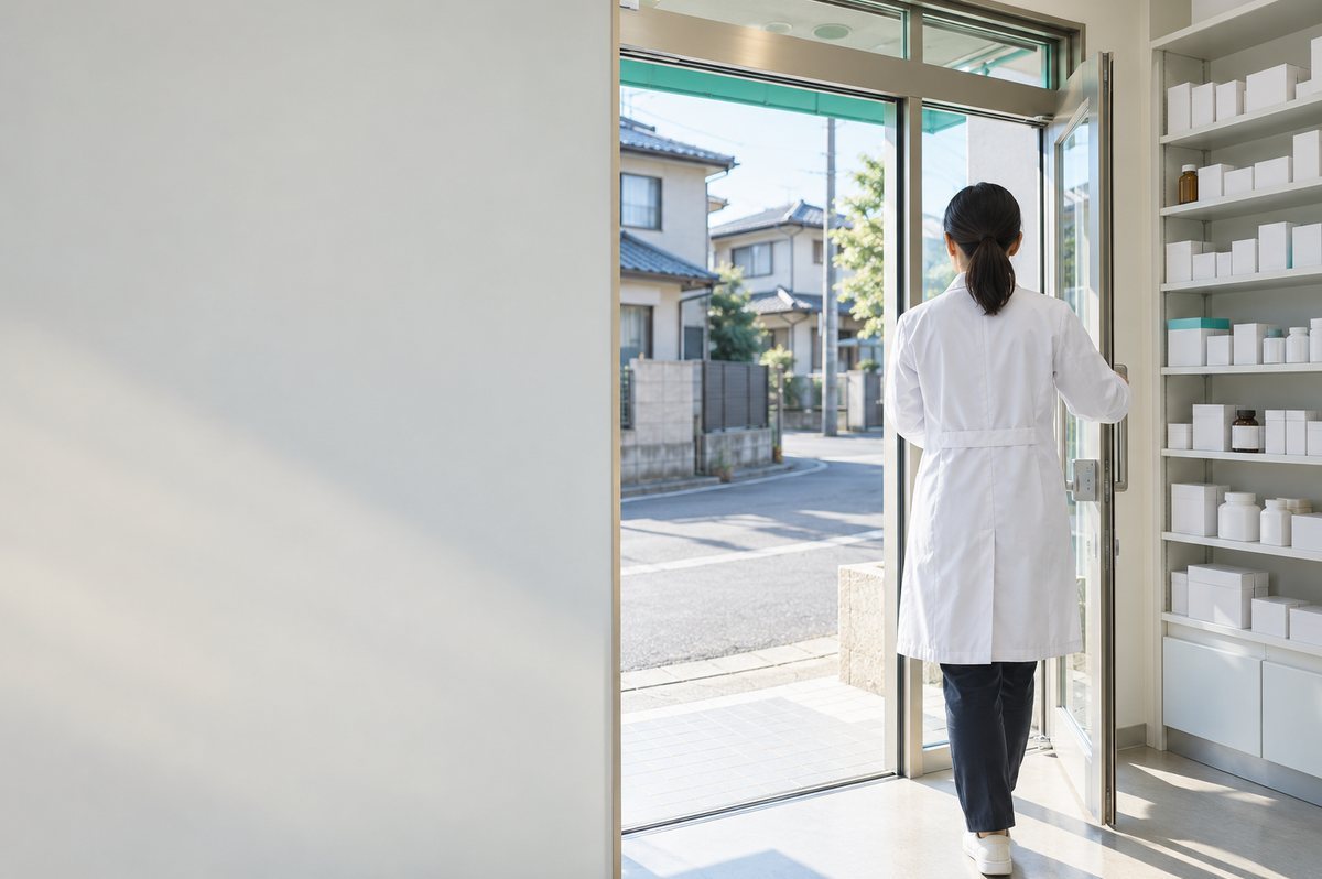 調剤薬局の入口を開けて開店準備をする人物の後ろ姿