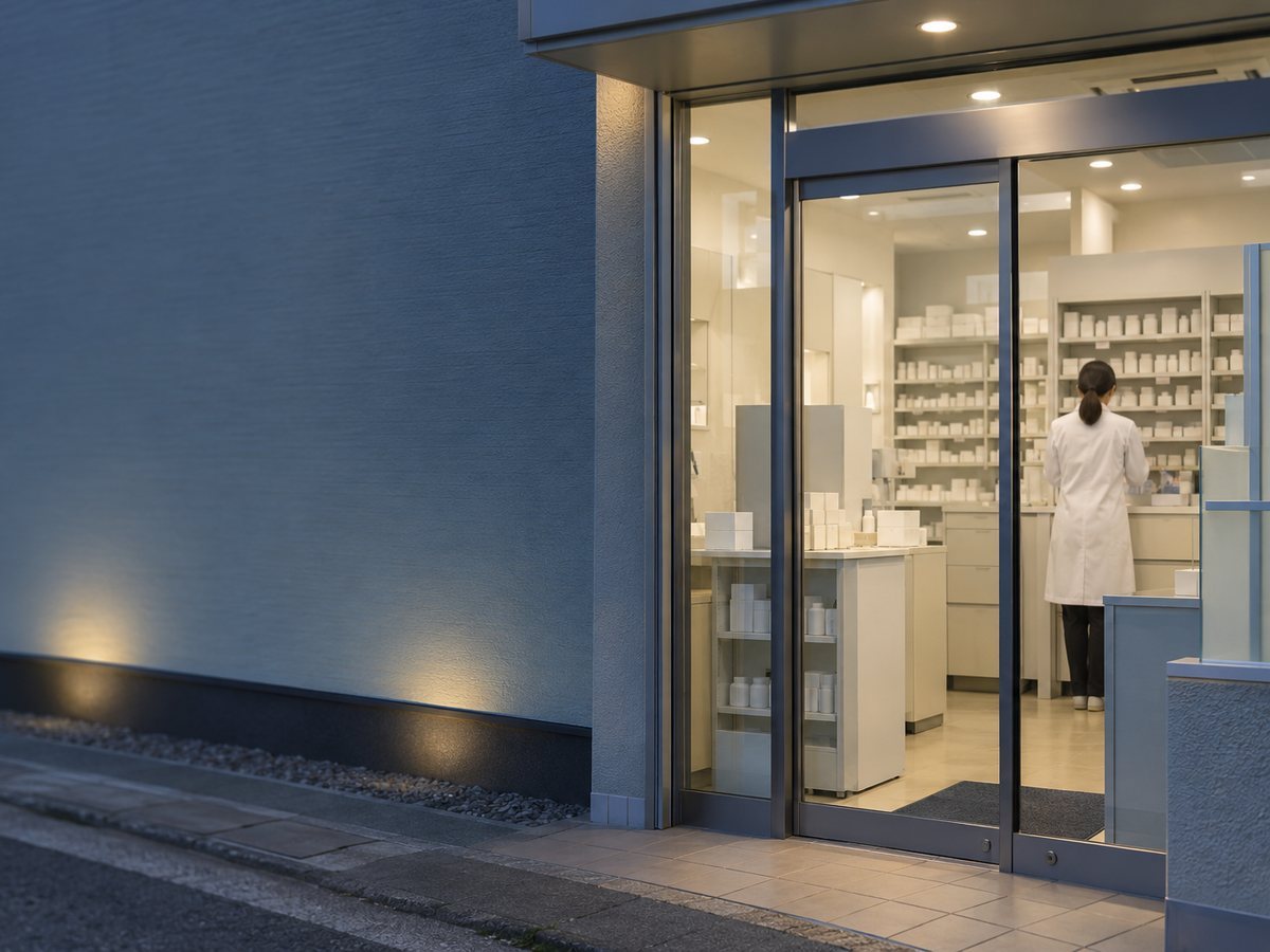 夕方の住宅地にある薬局と白衣の後ろ姿