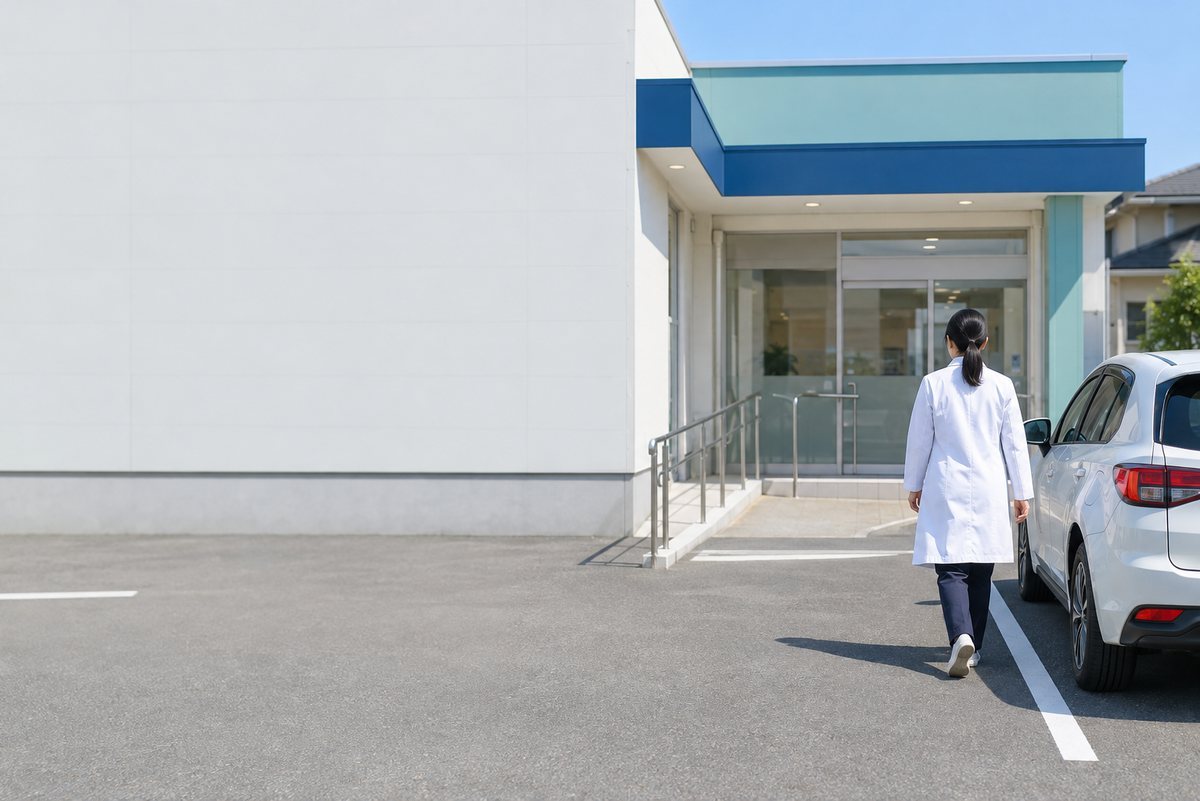 薬局の駐車場に停めた車から降りる薬剤師の後ろ姿。中層のオフィスビルとマンションが並ぶ大通り、横断歩道と信号