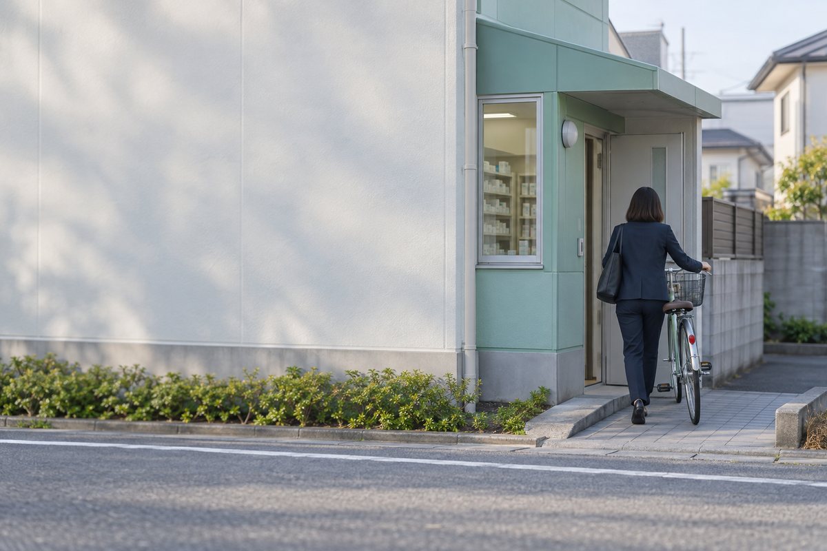 自転車を押して薬局の職員用入口へ向かう後ろ姿