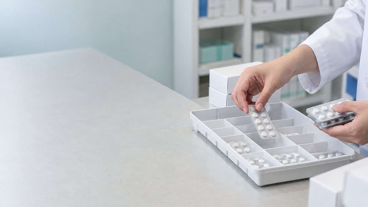 薬の包装を調剤用トレーへ並べる薬剤師の手元