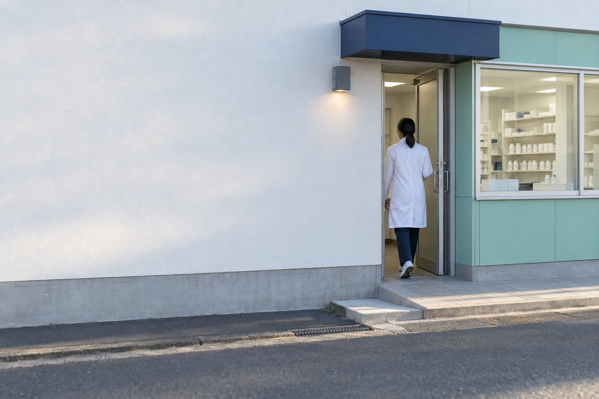 生活道路沿いの調剤薬局へ出勤する薬剤師の後ろ姿