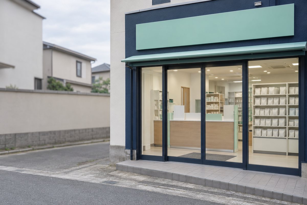 住宅地にある調剤薬局の入口と受付窓口