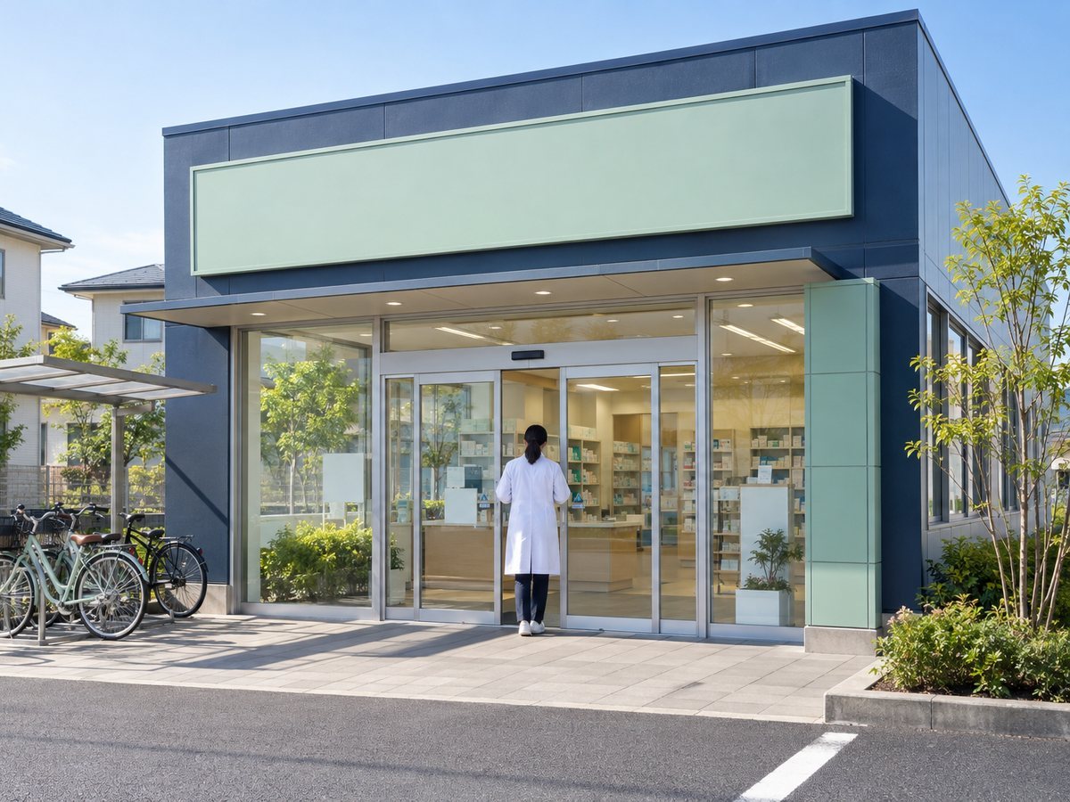 薬局の駐車場に停めた車から降りる薬剤師の後ろ姿。新しい戸建てが並ぶ住宅地と、自転車で行き交う人