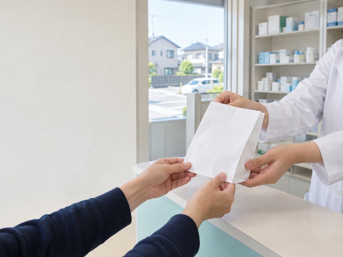住宅地の薬局で薬袋を受け渡す手元