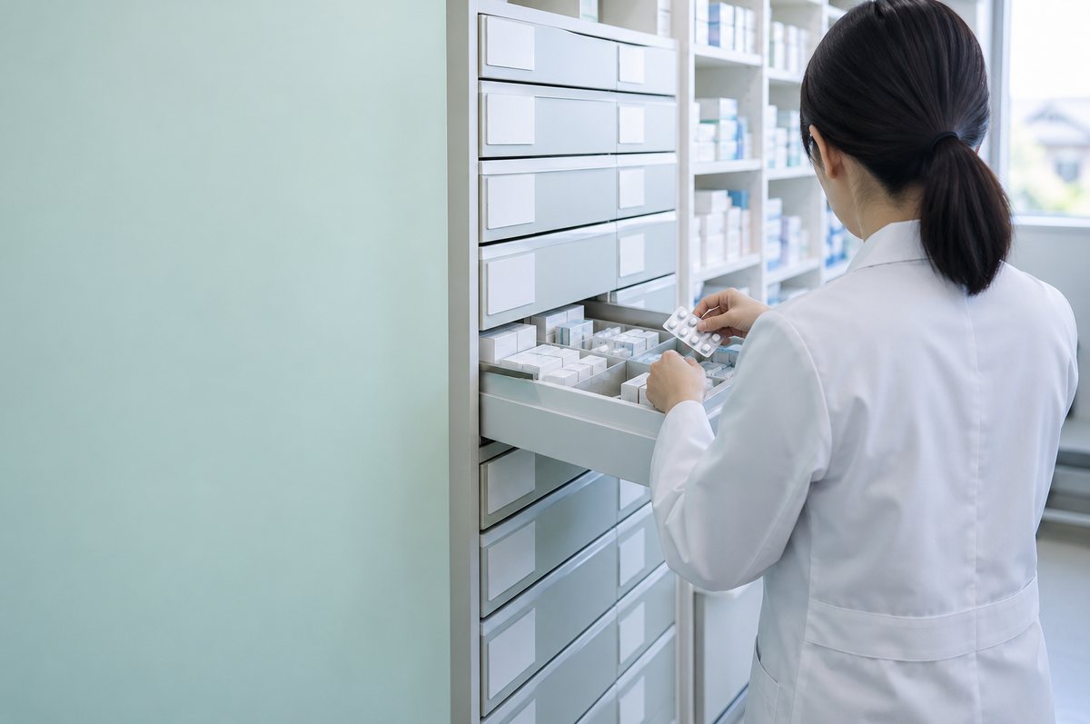 調剤棚から薬を取り出す薬剤師の後ろ姿