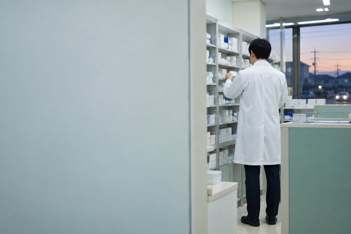 ドラッグストアの調剤棚を点検する薬剤師