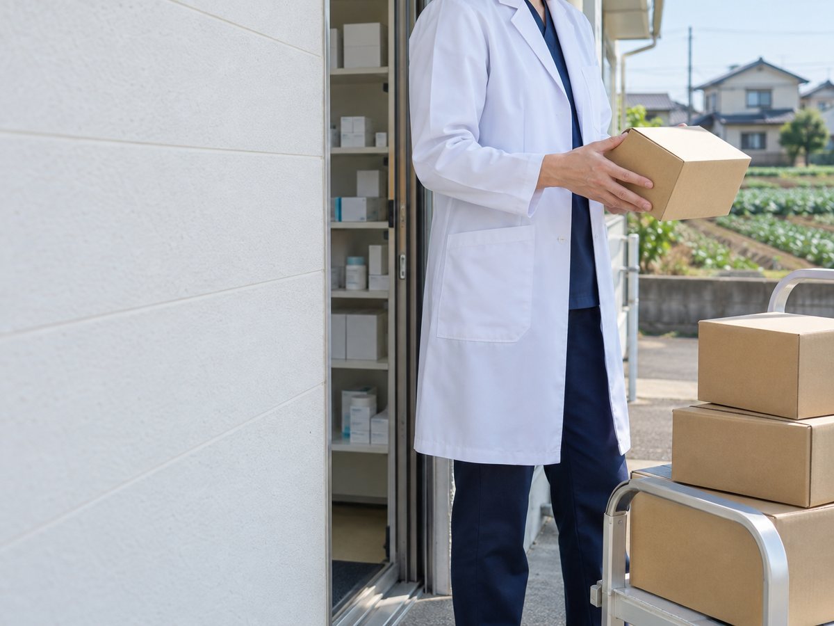 調剤薬局の搬入口で納品を確認する薬剤師