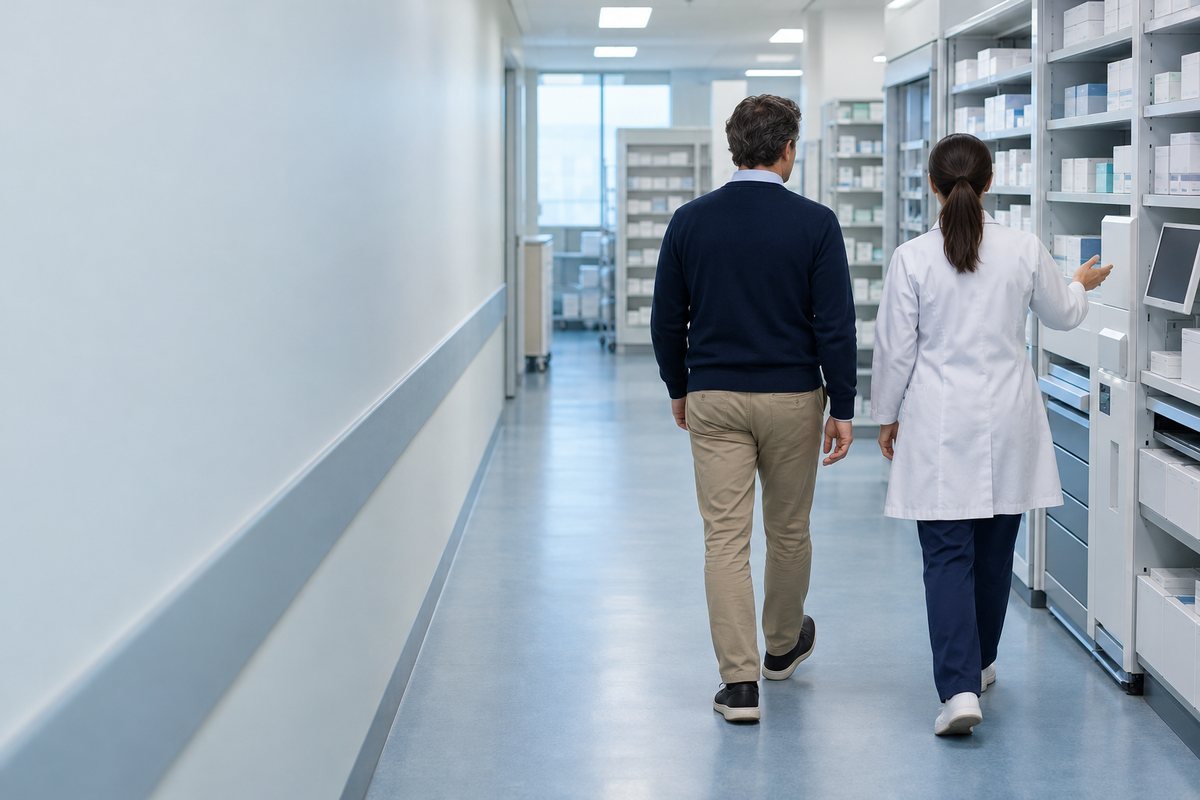 病院の薬剤部を見学する薬剤師の後ろ姿
